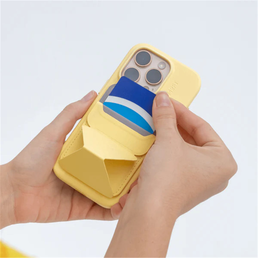 MOFT Snap-On iPhone Stand & Wallet - Wonder Yellow - Slim Magnetic / MagSafe Compatible Card Holder with Adjustable Multi-Angle Phone Stand, MOVAS Vegan Leather, Foldable Design