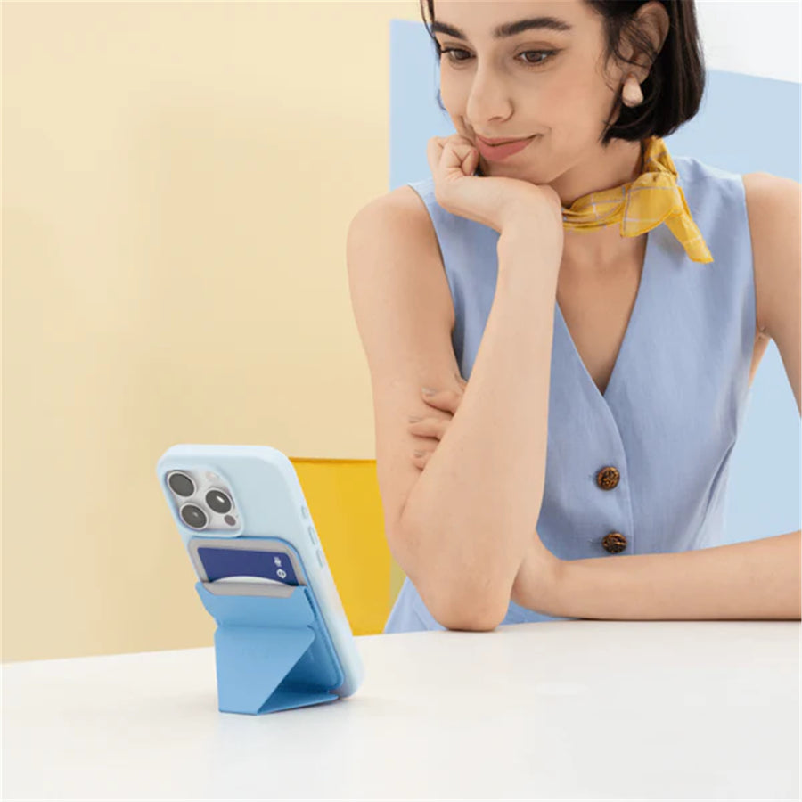 MOFT Snap-On iPhone Stand & Wallet - Field Blue - Slim Magnetic / MagSafe Compatible Card Holder with Adjustable Multi-Angle Phone Stand, MOVAS Vegan Leather, Foldable Design