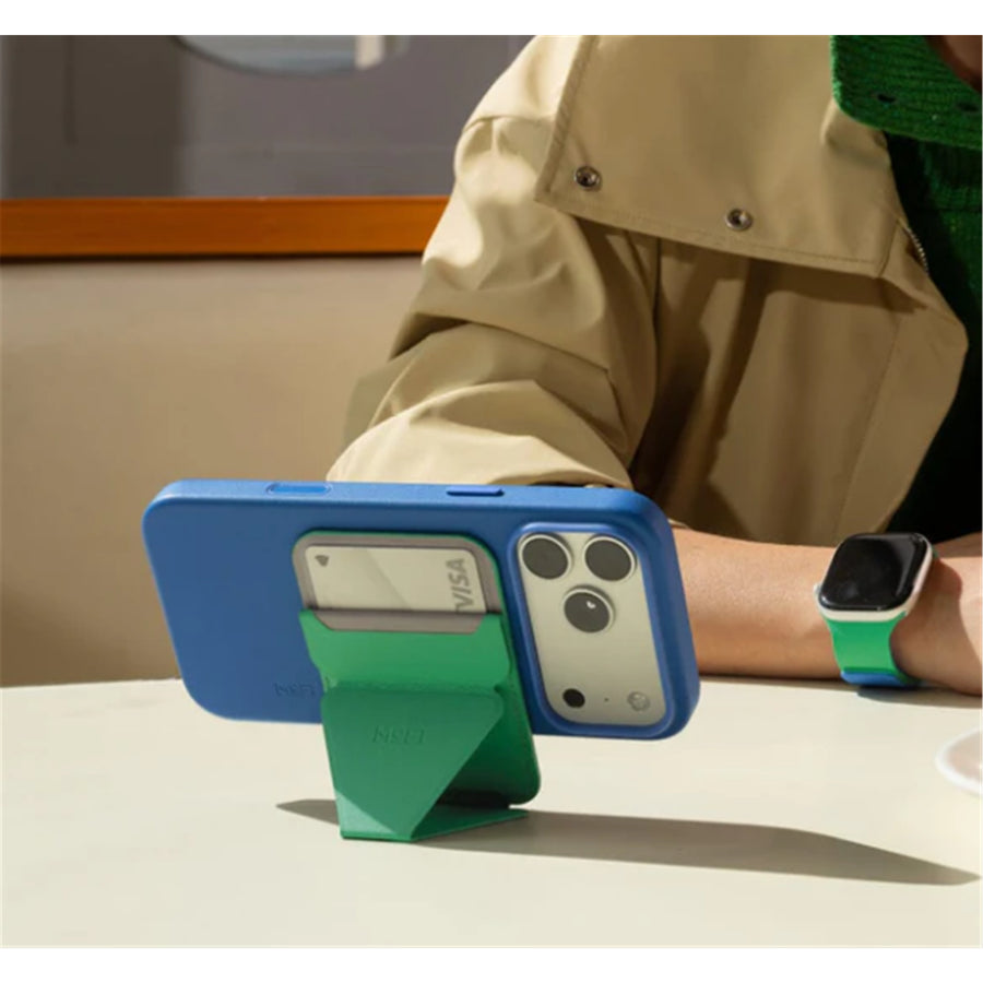 MOFT Snap-On iPhone Stand & Wallet - Oz Green - Slim Magnetic / MagSafe Compatible Card Holder with Adjustable Multi-Angle Phone Stand, MOVAS Vegan Leather, Foldable Design