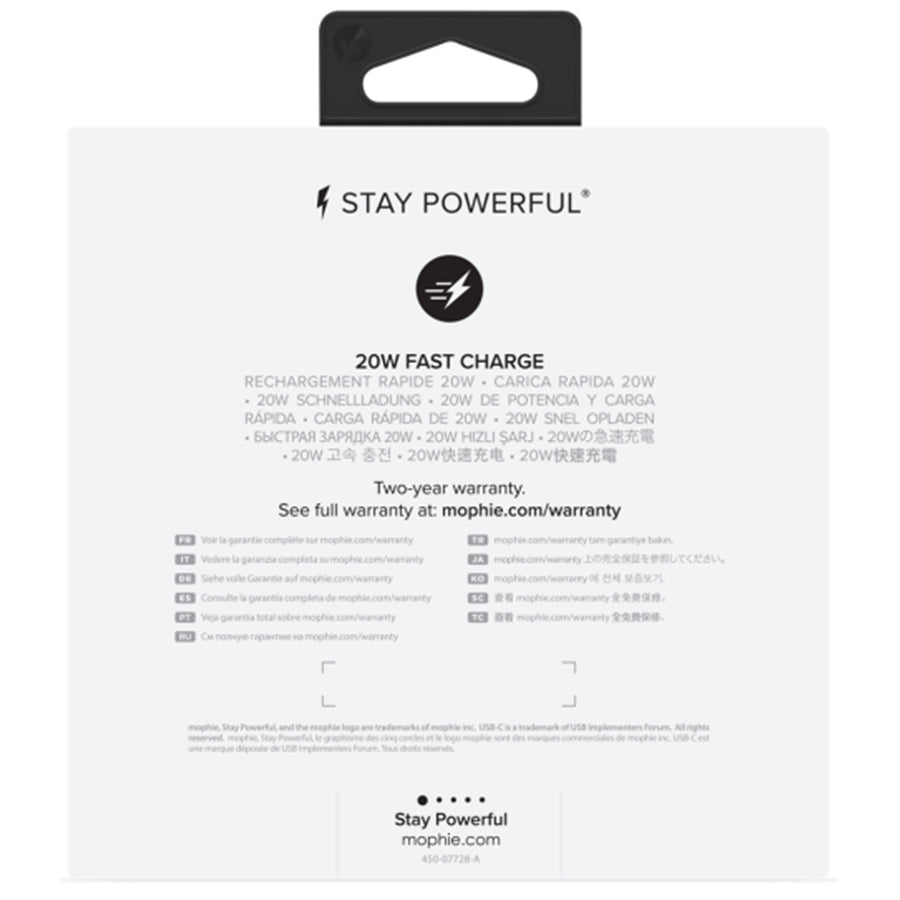 Mophie 20W USB-C PD Wall Charger - White - Up to 20W PD Fast Charging for Apple iPhone, Compatible with iPhone 14/13/12/11/XS/SE Series