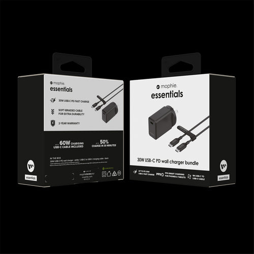 Mophie Essential 30W PD Single Port Wall Charger Bundle - Black, 1 USB-C Port, 1M USB-C to USB-C Cable, Up to 30W Fast Charging Apple iPhones, Samsung Smart Phones, Solid Construction