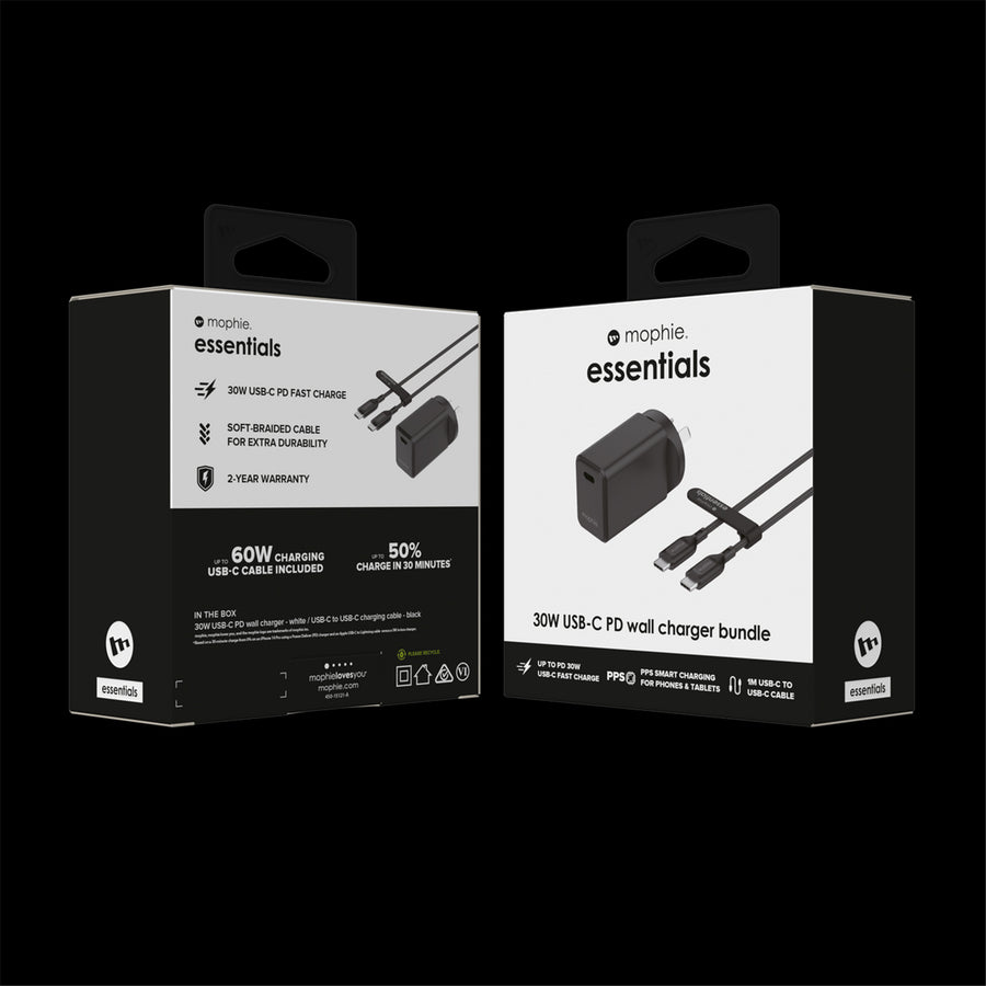 Mophie Essential 30W PD Single Port Wall Charger Bundle - Black, 1 USB-C Port, 1M USB-C to USB-C Cable, Up to 30W Fast Charging Apple iPhones, Samsung Smart Phones, Solid Construction