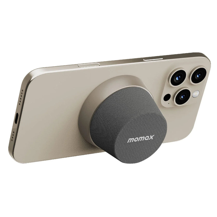 Momax 2 in 1 Magnetic Portable True Wireless Speaker Phone Stand - Titanium - IPX6 Water Resistant, Magnetic & Compact Attachment Design, Fit For iPhones with Magsafe or Magnetic Phone Cases, Double as a Phone Stand