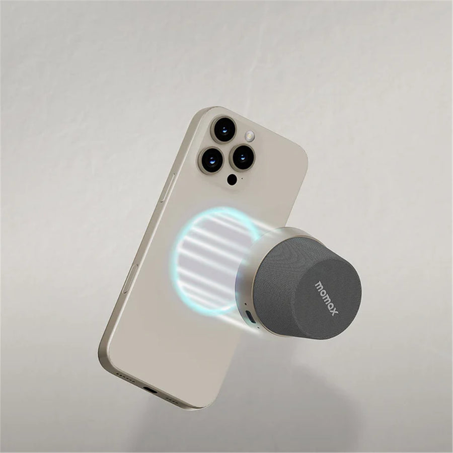 Momax 2 in 1 Magnetic Portable True Wireless Speaker Phone Stand - Titanium - IPX6 Water Resistant, Magnetic & Compact Attachment Design, Fit For iPhones with Magsafe or Magnetic Phone Cases, Double as a Phone Stand