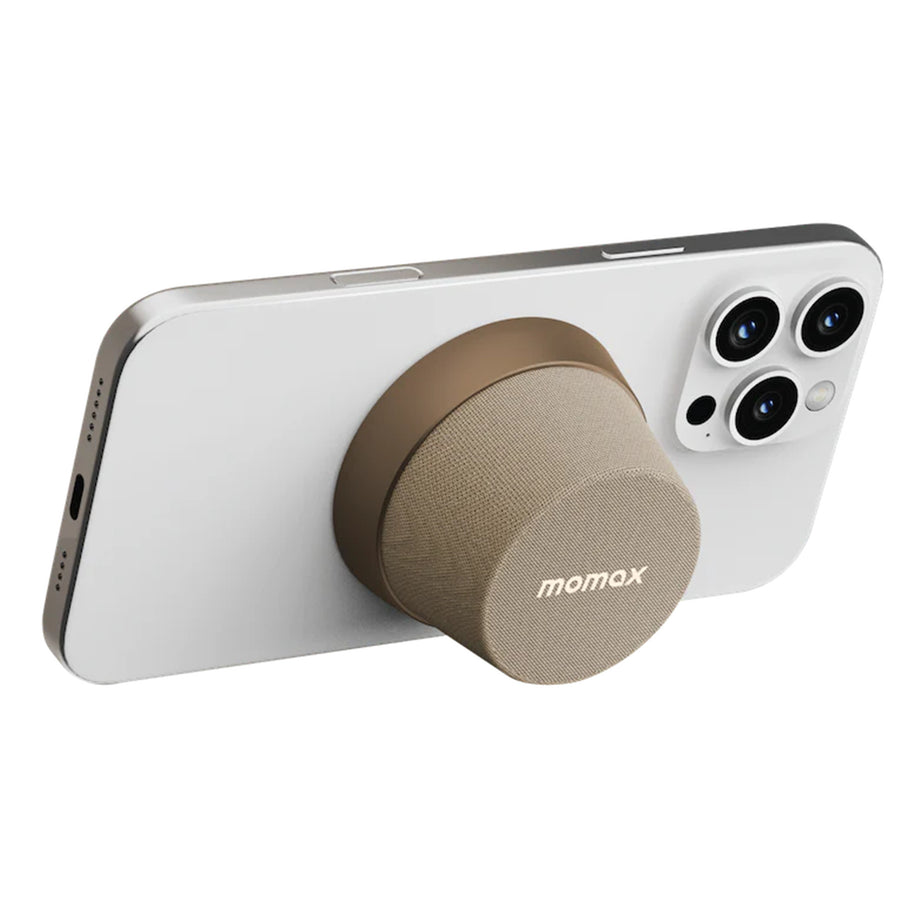 Momax 2 in 1 Magnetic Portable True Wireless Speaker Phone Stand - Sandstone - IPX6 Water Resistant, Magnetic & Compact Attachment Design, Fit For iPhones with Magsafe or Magnetic Phone Cases, Double as a Phone Stand