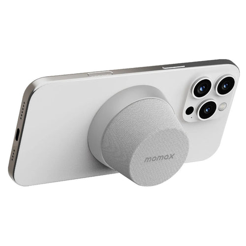 Momax 2 in 1 Magnetic Portable True Wireless Speaker Phone Stand - Silver - IPX6 Water Resistant, Magnetic & Compact Attachment Design, Fit For iPhones with Magsafe or Magnetic Phone Cases, Double as a Phone Stand