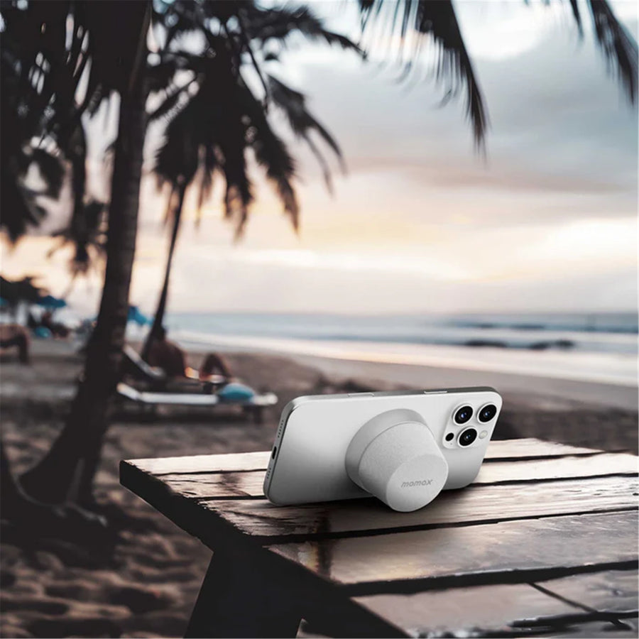 Momax 2 in 1 Magnetic Portable True Wireless Speaker Phone Stand - Silver - IPX6 Water Resistant, Magnetic & Compact Attachment Design, Fit For iPhones with Magsafe or Magnetic Phone Cases, Double as a Phone Stand