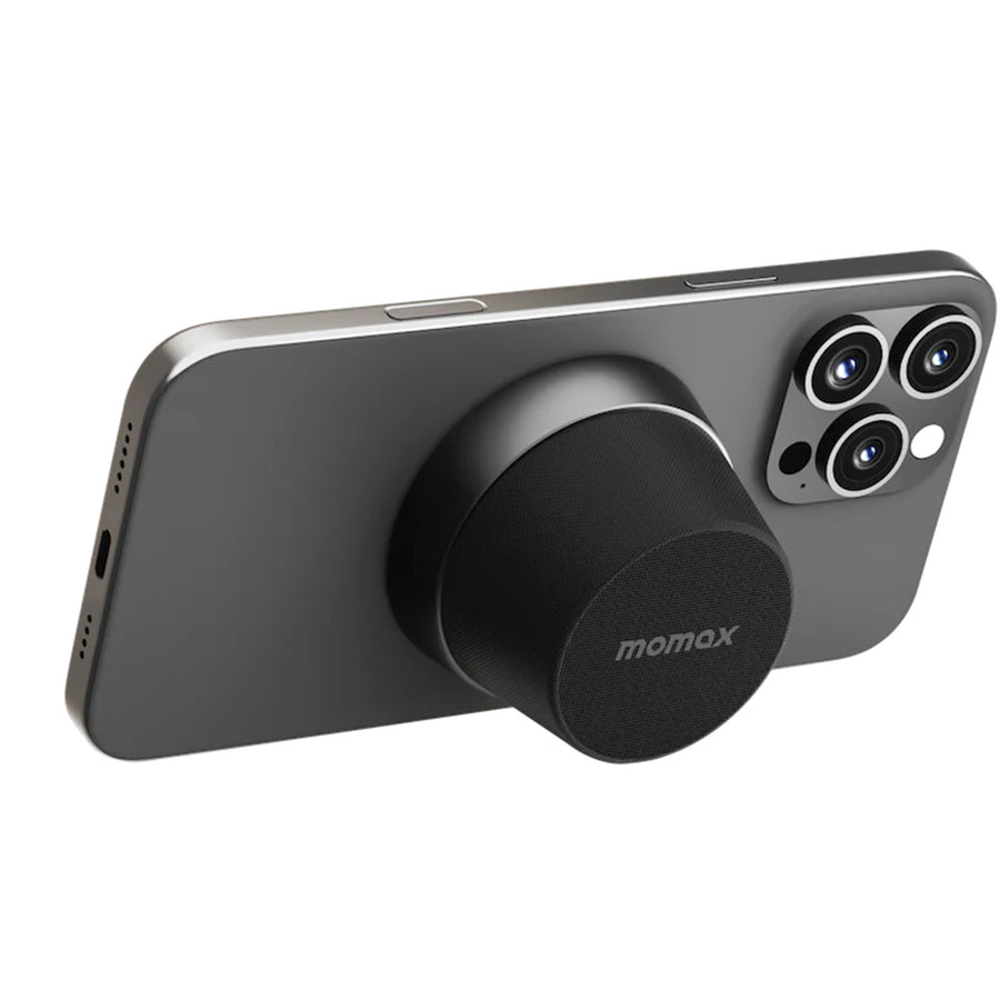 Momax 2 in 1 Magnetic Portable True Wireless Speaker Phone Stand - Black - IPX6 Water Resistant, Magnetic & Compact Attachment Design, Fit For iPhones with Magsafe or Magnetic Phone Cases, Double as a Phone Stand