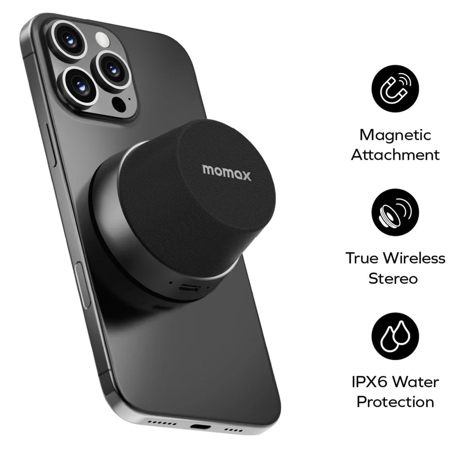 Momax 2 in 1 Magnetic Portable True Wireless Speaker Phone Stand - Black - IPX6 Water Resistant, Magnetic & Compact Attachment Design, Fit For iPhones with Magsafe or Magnetic Phone Cases, Double as a Phone Stand
