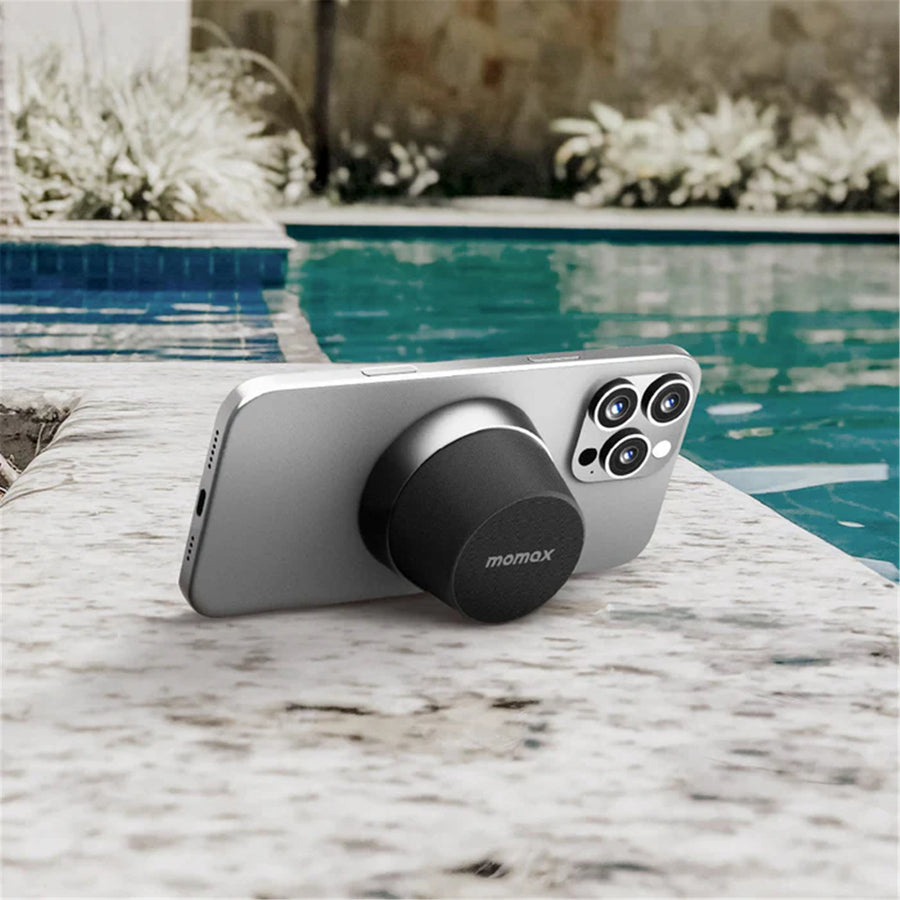 Momax 2 in 1 Magnetic Portable True Wireless Speaker Phone Stand - Black - IPX6 Water Resistant, Magnetic & Compact Attachment Design, Fit For iPhones with Magsafe or Magnetic Phone Cases, Double as a Phone Stand