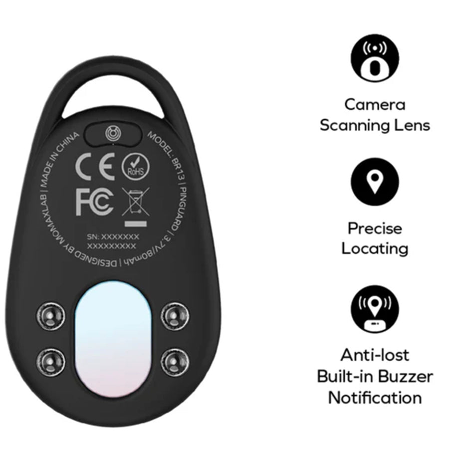Momax Pinguard Apple Find My Bluetooth Tracker with Anti-Spy Camera Detector - Black - Apple Find My Certified - Hidden Camera Finder With Red Light - Built-in USB-C port for charging- Features emergency two-way alarm on device