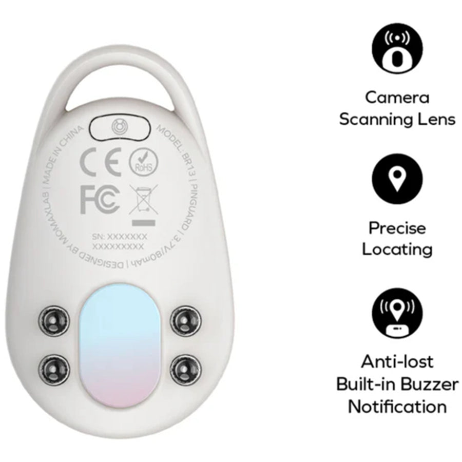 Momax Pinguard Apple Find My Bluetooth Tracker with Anti-Spy Camera Detector - White - Apple Find My Certified - Hidden Camera Finder With Red Light - Built-in USB-C port for charging- Features emergency two-way alarm on device and phone