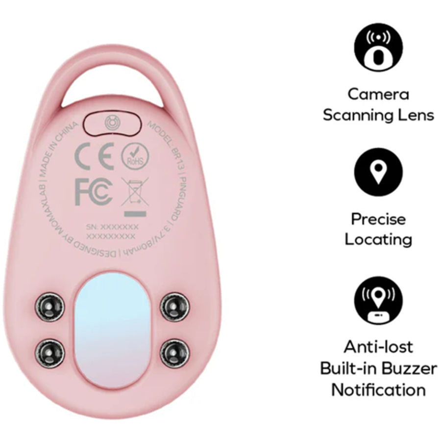 Momax Pinguard Apple Find My Bluetooth Tracker with Anti-Spy Camera Detector - Pink - Apple Find My Certified - Hidden Camera Finder With Red Light - Built-in USB-C port for charging- Features emergency two-way alarm on device and phone