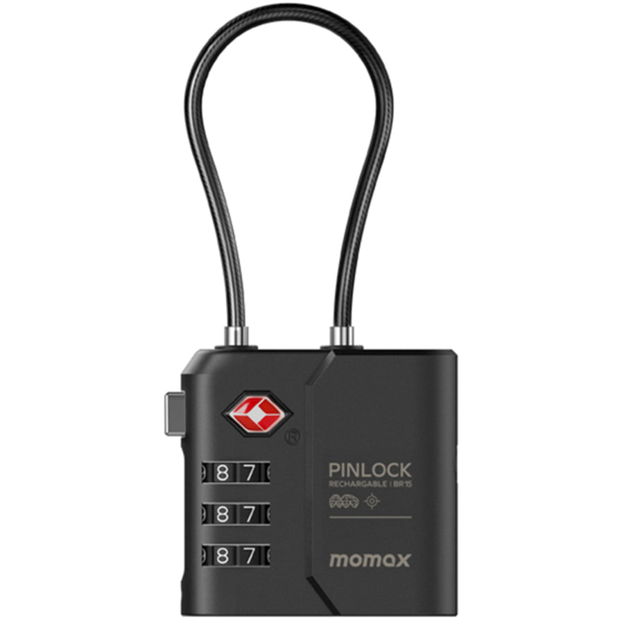 Momax PinLock Apple Find My Bluetooth Tracker with TSA Padlock - Black - Apple Find My Certified - TSA approved luggage lock - Built-in USB-C port for charging - With instant lost alarm setting