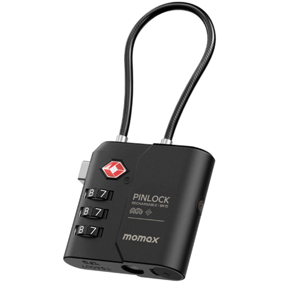 Momax PinLock Apple Find My Bluetooth Tracker with TSA Padlock - Black - Apple Find My Certified - TSA approved luggage lock - Built-in USB-C port for charging - With instant lost alarm setting