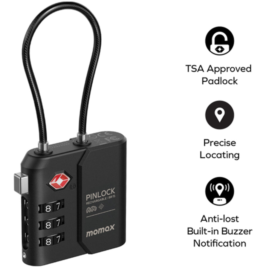 Momax PinLock Apple Find My Bluetooth Tracker with TSA Padlock - Black - Apple Find My Certified - TSA approved luggage lock - Built-in USB-C port for charging - With instant lost alarm setting