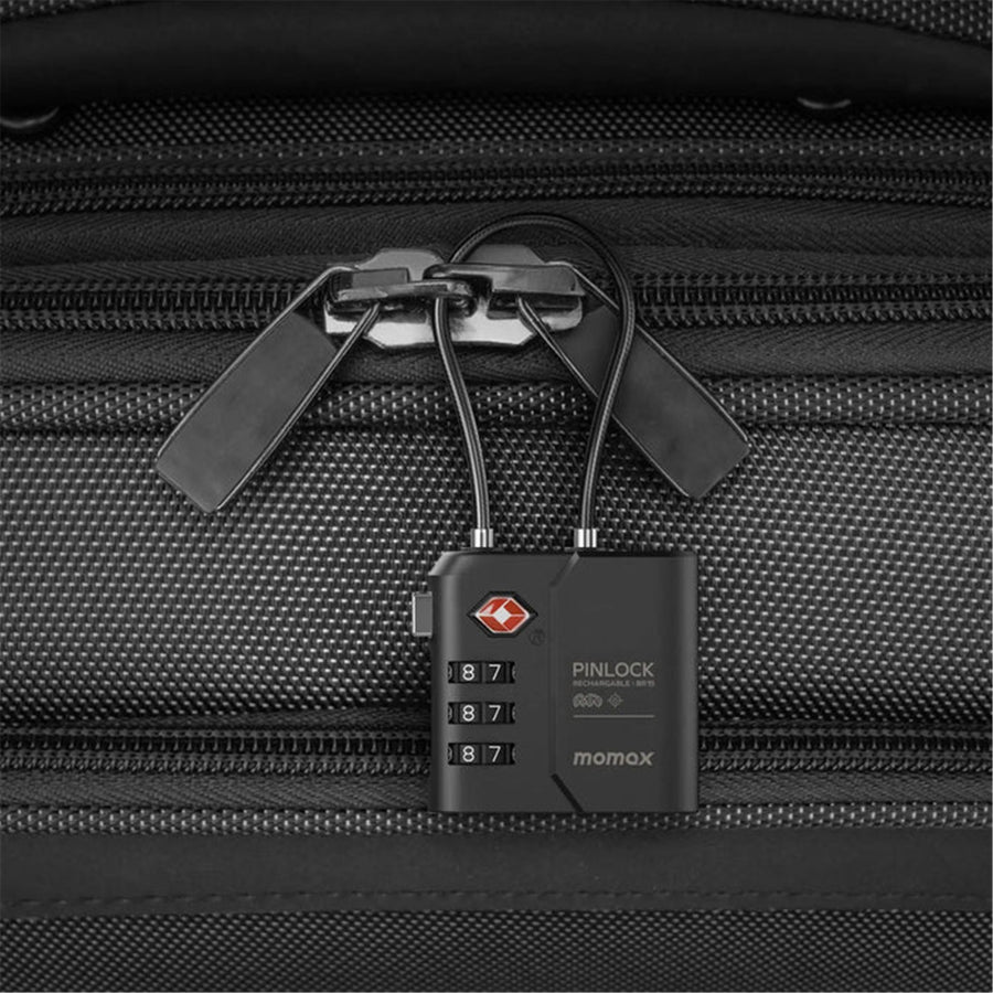 Momax PinLock Apple Find My Bluetooth Tracker with TSA Padlock - Black - Apple Find My Certified - TSA approved luggage lock - Built-in USB-C port for charging - With instant lost alarm setting