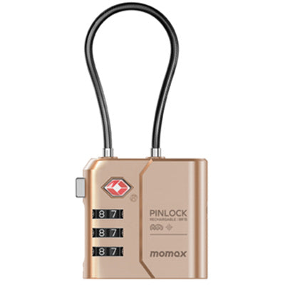 Momax PinLock Apple Find My Bluetooth Tracker with TSA Padlock - Sandstone - Apple Find My Certified - TSA approved luggage lock - Built-in USB-C port for charging - With instant lost alarm setting