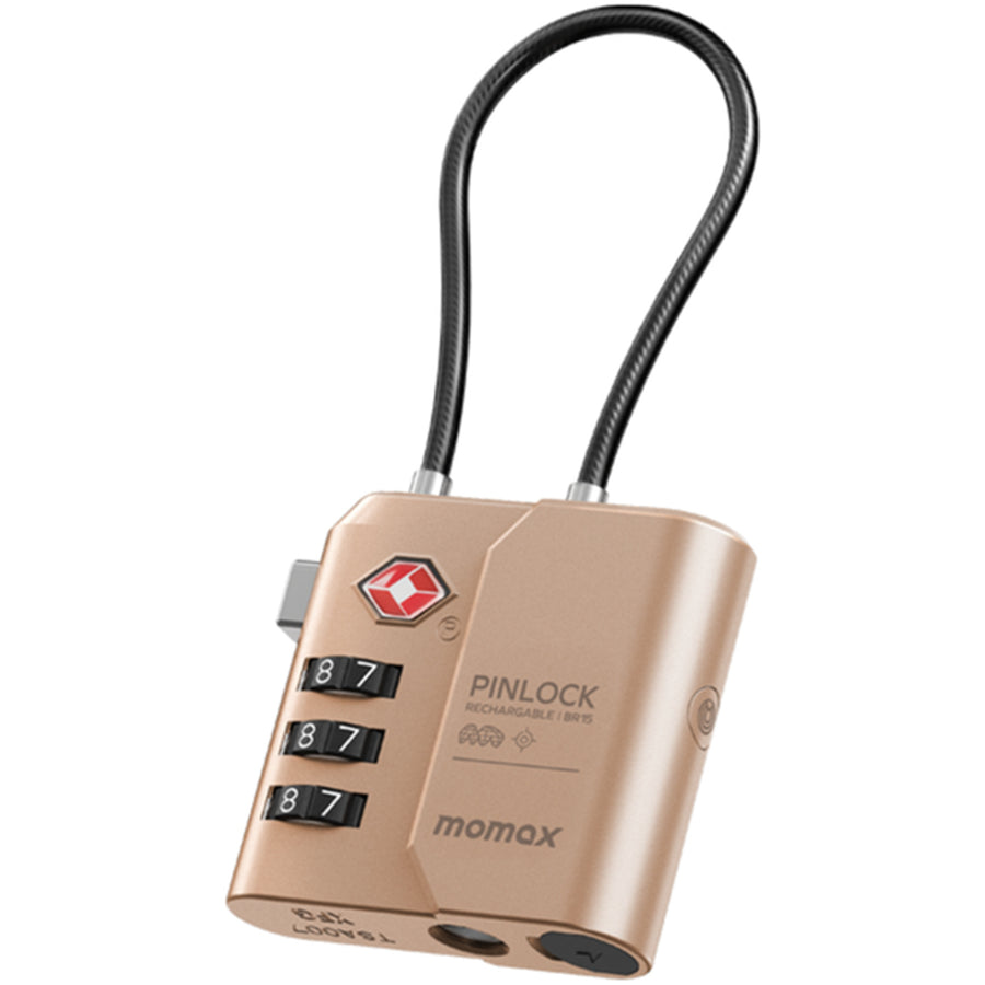 Momax PinLock Apple Find My Bluetooth Tracker with TSA Padlock - Sandstone - Apple Find My Certified - TSA approved luggage lock - Built-in USB-C port for charging - With instant lost alarm setting