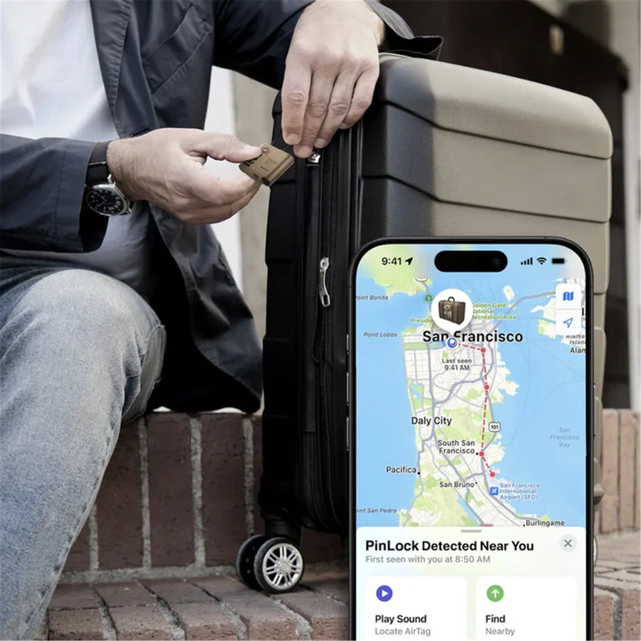 Momax PinLock Apple Find My Bluetooth Tracker with TSA Padlock - Sandstone - Apple Find My Certified - TSA approved luggage lock - Built-in USB-C port for charging - With instant lost alarm setting