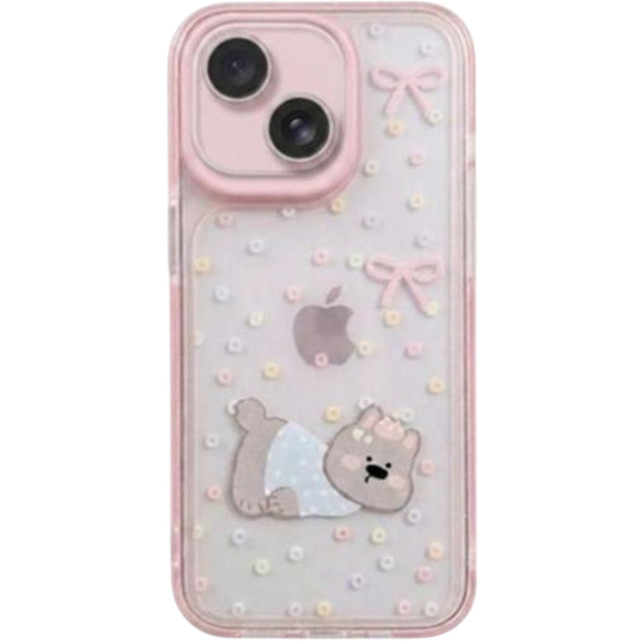 OxygenDog iPhone 15 Soft Pink Bear & Bow-Tie Graphic  Case - Pink