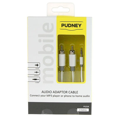Pudney Mobile P1214 - Pudney 3,5-mm-Stereo-Stecker auf 2 Cinch-Stecker, 3 Meter – Weiß