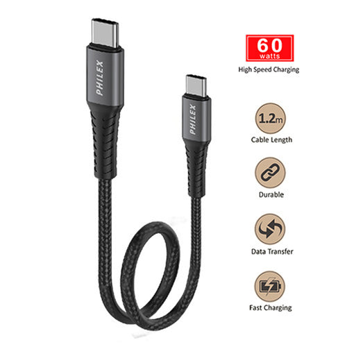 PHILEX PHA-6026 Type-C/ to Type-C Sync/Data Cable 1.2M Grey USB-C supporting up to 60W (20V/3A) output
