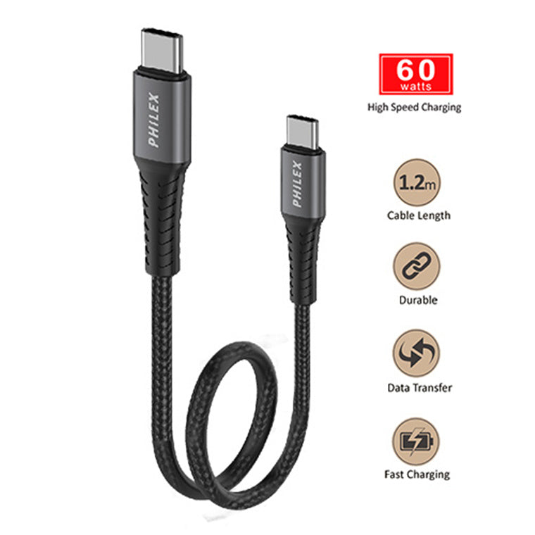 PHILEX PHA-6026 Type-C/ to Type-C Sync/Data Cable 1.2M Grey USB-C supporting up to 60W (20V/3A) output