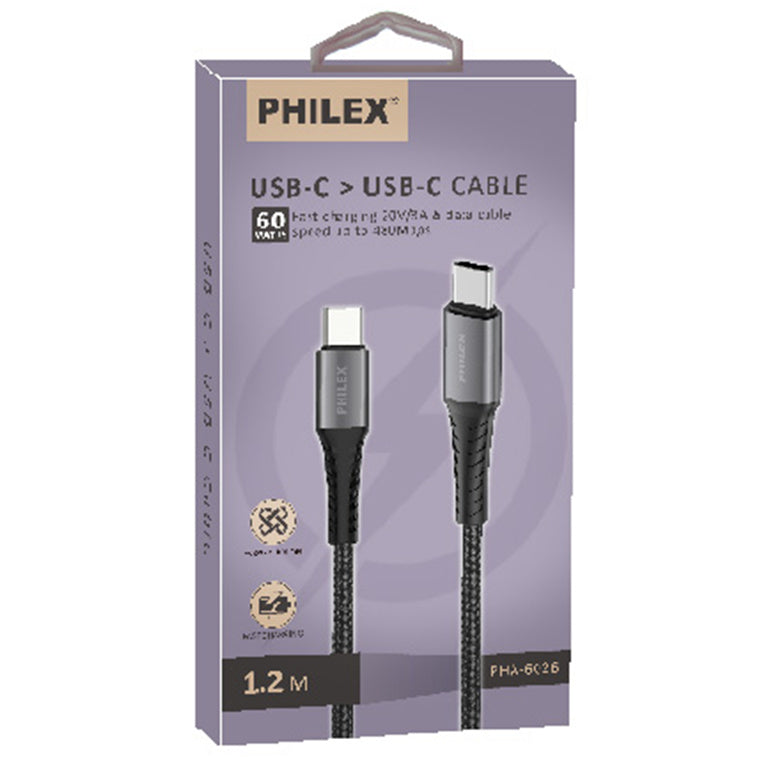 PHILEX PHA-6026 Type-C/ to Type-C Sync/Data Cable 1.2M Grey USB-C supporting up to 60W (20V/3A) output
