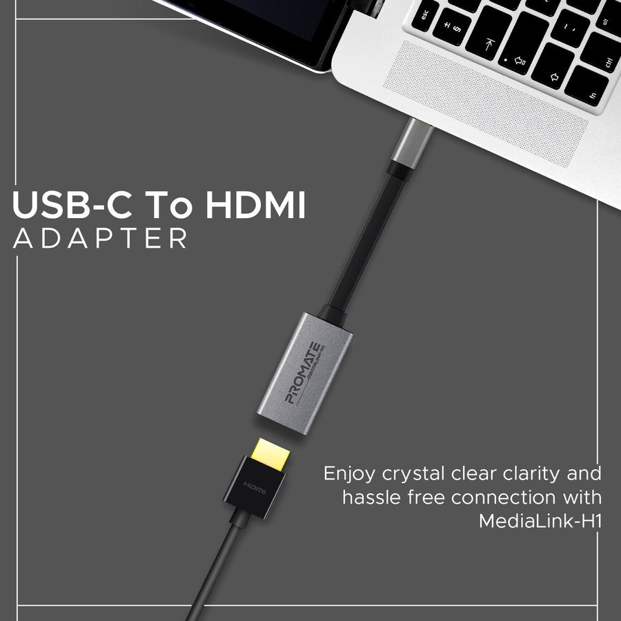 Promate MEDIALINK-H1 - USB-C to HDMI Adapter. Supports up to 4K@30Hz. Plug & Play. Input: USB-C Output: