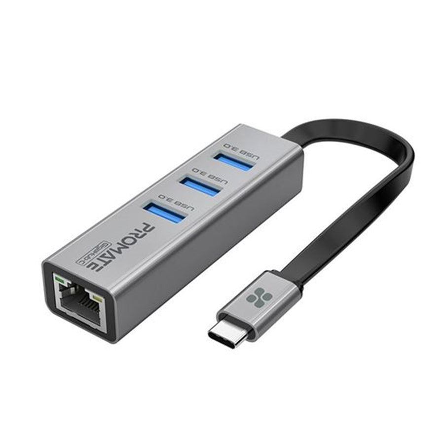 Promate GIGAHUB-C-GRY - Multi-Port Hub w/ Ethernet Port & USB-C Connect 3x USB-A 3.0 Ports 1000Mbps