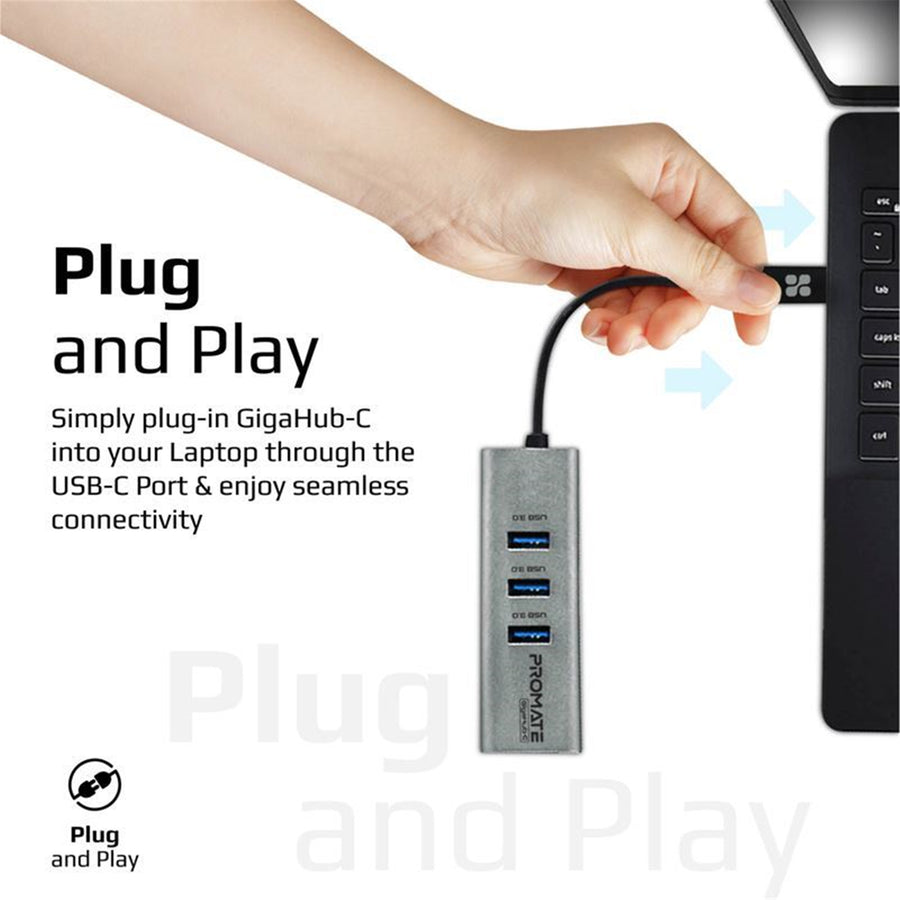 Promate GIGAHUB-C-GRY - Multi-Port Hub w/ Ethernet Port & USB-C Connect 3x USB-A 3.0 Ports 1000Mbps