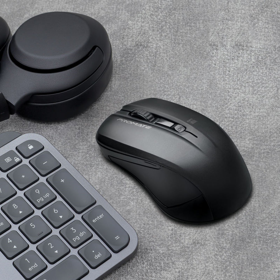 Promate CONTOUR-BLK - Ergonomic Wireless Mouse w/ Ambidextrous Design. 800/1200/1600Dpi 10m Working