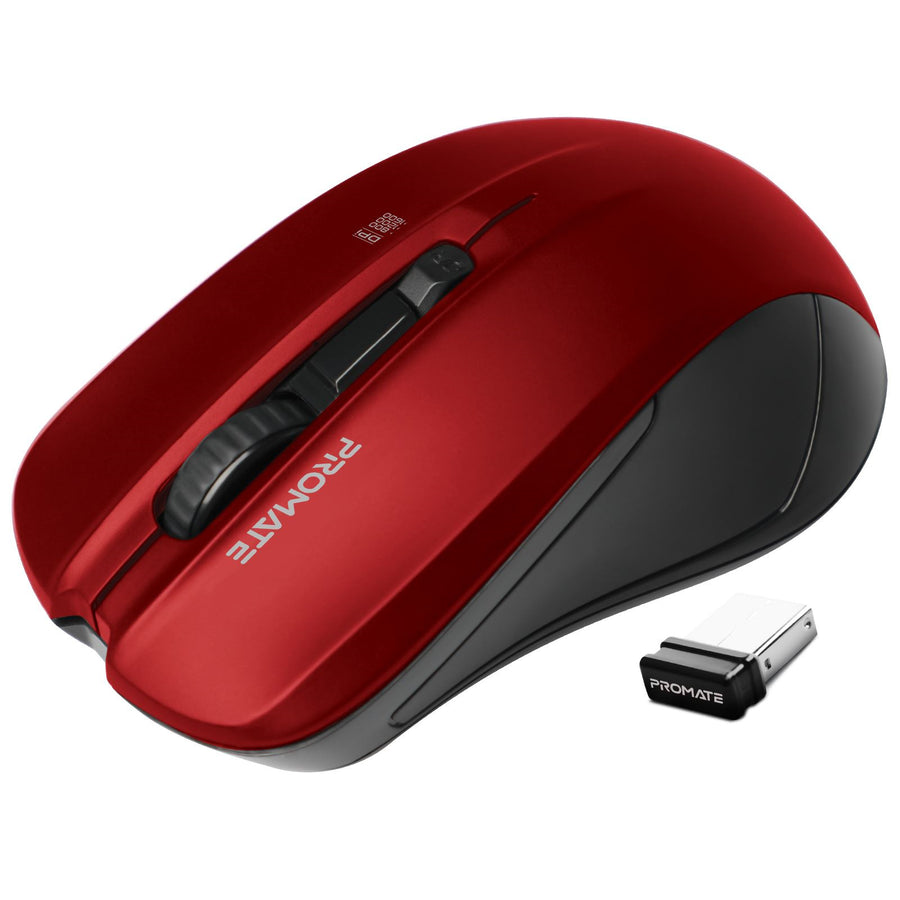 Promate CONTOUR-RED - Ergonomic Wireless Mouse w/ Ambidextrous Design. 800/1200/1600Dpi 10m Working