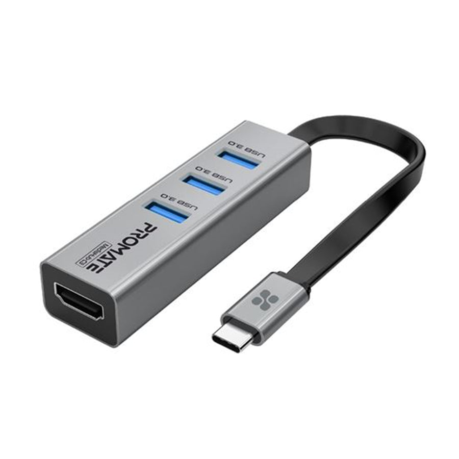 Promate MEDIAHUB-C3-GRY - 4-in-1 USB Multi-Port Hub w/ USB-C Connector Includes 3x USB-A 3.0 Ports & 1x HDMI Port