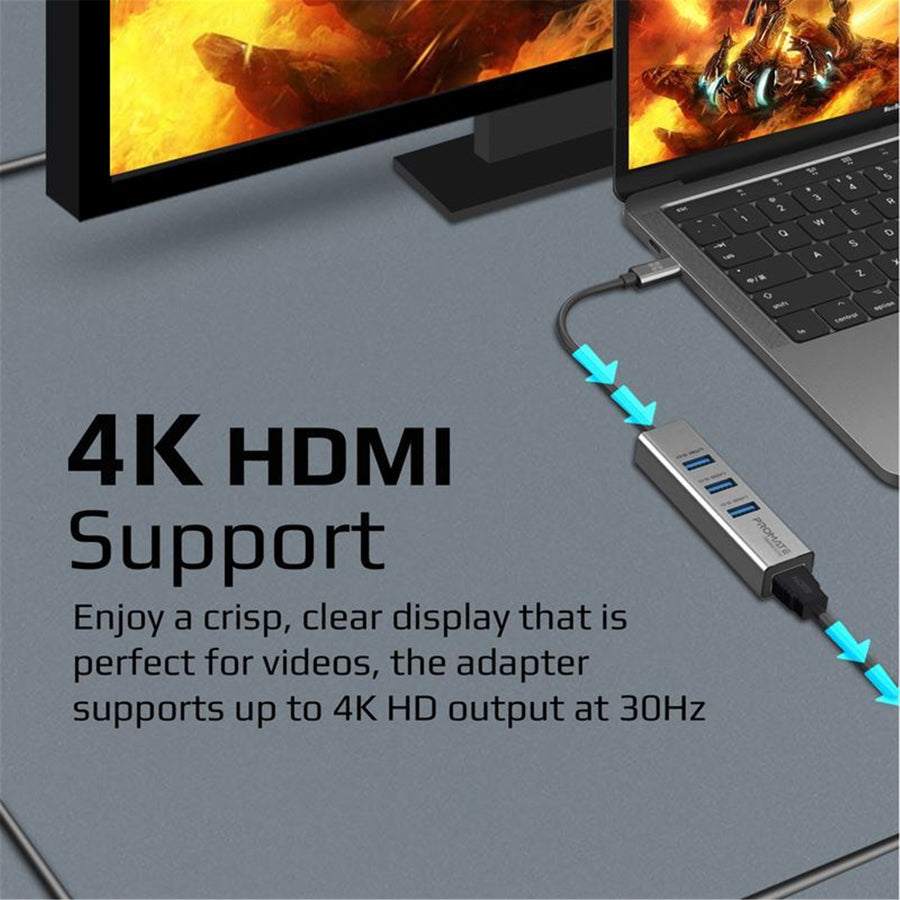 Promate MEDIAHUB-C3-GRY - 4-in-1 USB Multi-Port Hub w/ USB-C Connector Includes 3x USB-A 3.0 Ports & 1x HDMI Port
