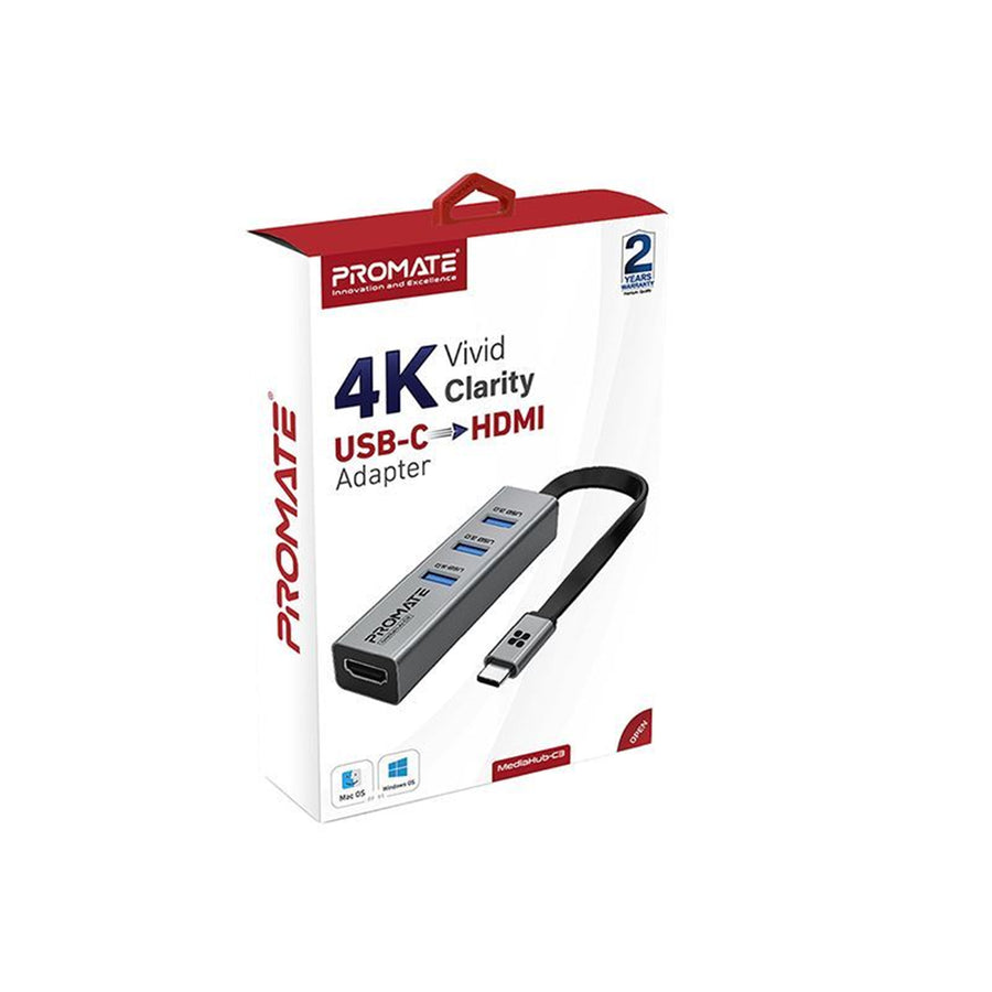 Promate MEDIAHUB-C3-GRY - 4-in-1 USB Multi-Port Hub w/ USB-C Connector Includes 3x USB-A 3.0 Ports & 1x HDMI Port