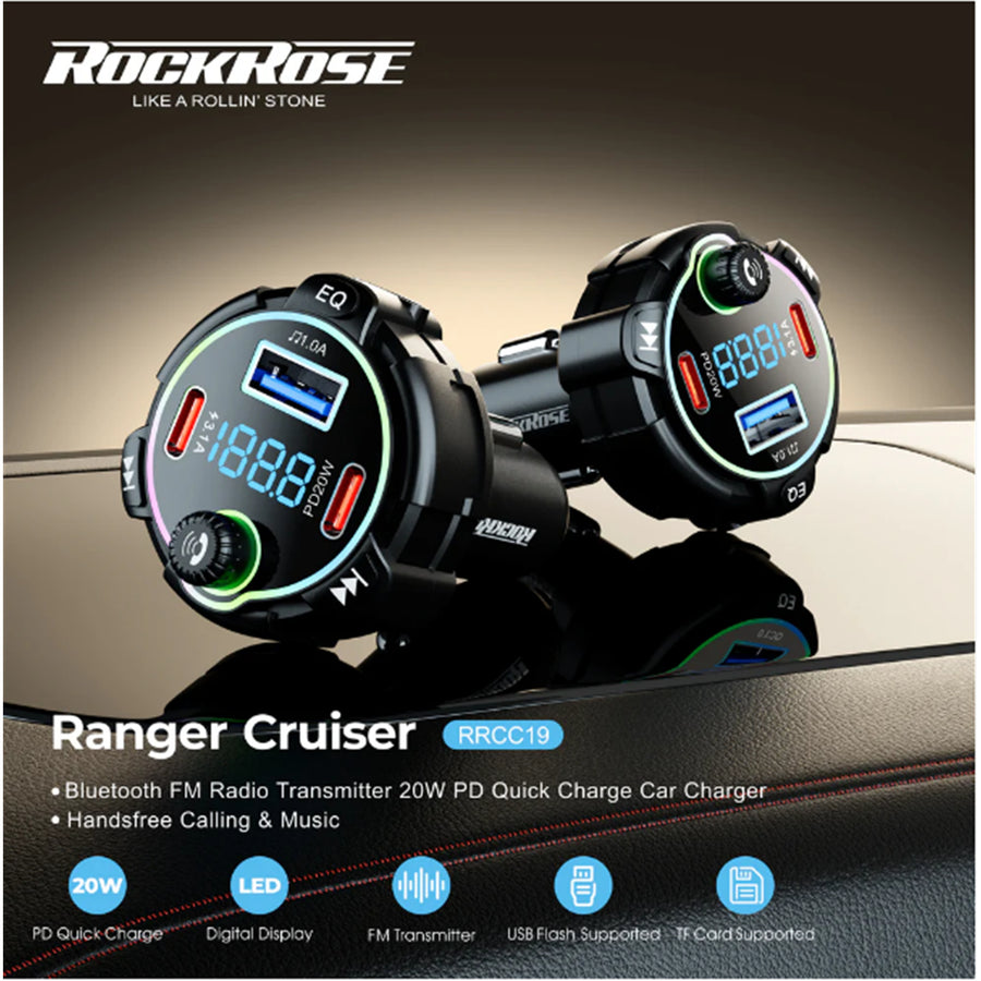 RockRose Ranger Cruiser Bluetooth FM Transmitter & 20W PD USB-C & USB-A Car charger - Hand Free Calling - Music Playback from SD and USB