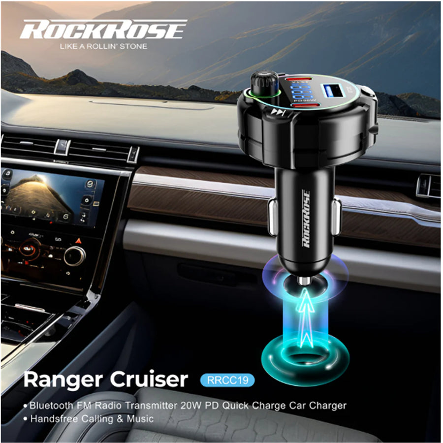 RockRose Ranger Cruiser Bluetooth FM Transmitter & 20W PD USB-C & USB-A Car charger - Hand Free Calling - Music Playback from SD and USB
