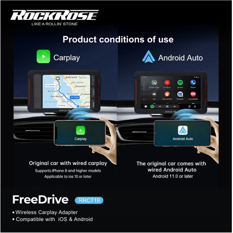 RockRose FreeDrive Carplay & Android Auto Wireless Adapter - Low Latency, Fast Connection and Plug n Play - Powered by Dual-Core 1.0 GHz v821 CPU - Support both WiFi6 & Bluetooth v5.4