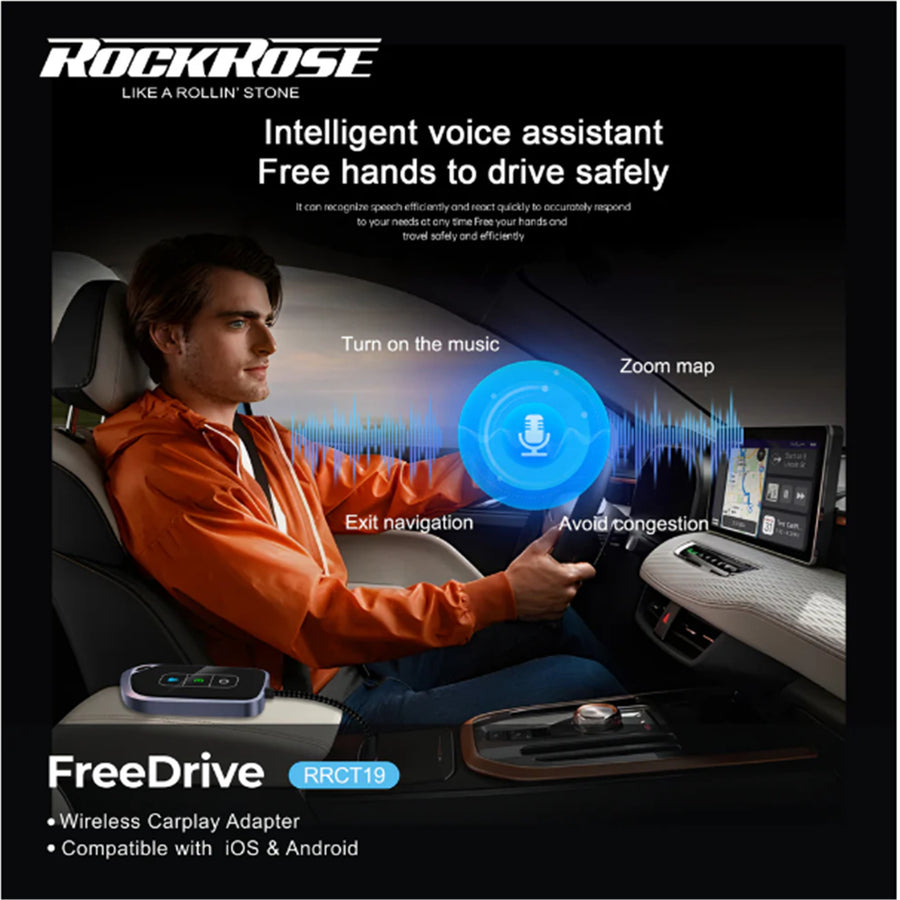 RockRose FreeDrive Carplay & Android Auto Wireless Adapter - Low Latency, Fast Connection and Plug n Play - Powered by Dual-Core 1.0 GHz v821 CPU - Support both WiFi6 & Bluetooth v5.4