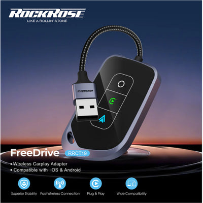 RockRose FreeDrive Carplay & Android Auto Wireless Adapter - Low Latency, Fast Connection and Plug n Play - Powered by Dual-Core 1.0 GHz v821 CPU - Support both WiFi6 & Bluetooth v5.4