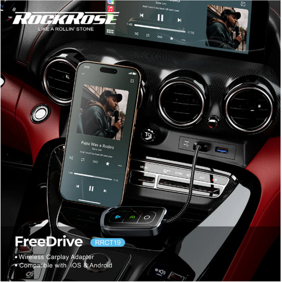 RockRose FreeDrive Carplay & Android Auto Wireless Adapter - Low Latency, Fast Connection and Plug n Play - Powered by Dual-Core 1.0 GHz v821 CPU - Support both WiFi6 & Bluetooth v5.4