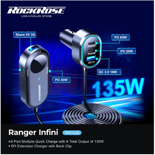 RockRose Ranger  135W Multi-Port Fast Charging Car Charger with 1.5m Extension Cord