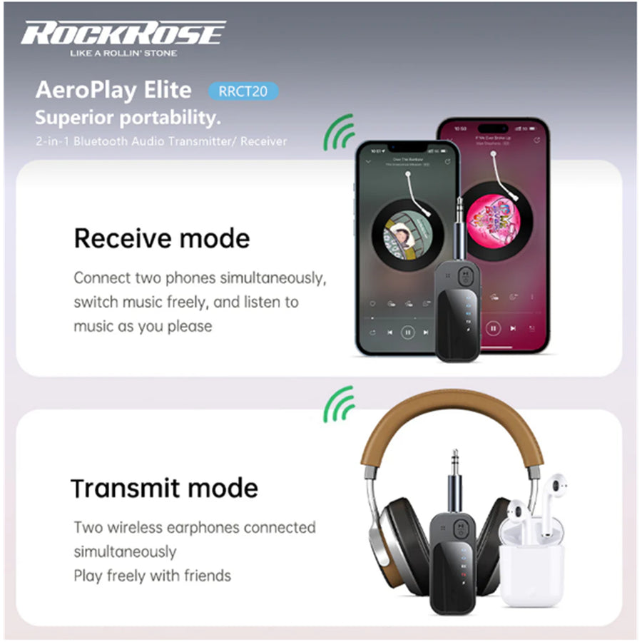 RockRose AeroPlay Elite 2-in-1 Bluetooth Audio Transmitter/ Receiver - Clip-on Design -- Dual Pairs with Two Bluetooth Devices , Support SD/TF Card Playback