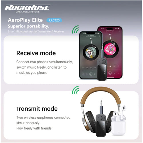 RockRose AeroPlay Elite 2-in-1 Bluetooth Audio Transmitter/ Receiver - Clip-on Design -- Dual Pairs with Two Bluetooth Devices , Support SD/TF Card Playback