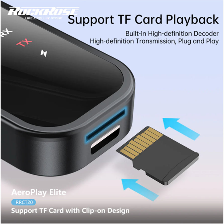 RockRose AeroPlay Elite 2-in-1 Bluetooth Audio Transmitter/ Receiver - Clip-on Design -- Dual Pairs with Two Bluetooth Devices , Support SD/TF Card Playback