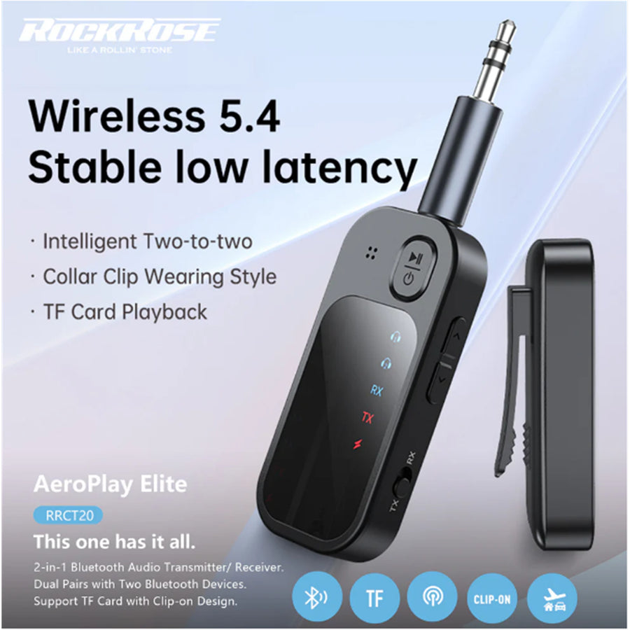 RockRose AeroPlay Elite 2-in-1 Bluetooth Audio Transmitter/ Receiver - Clip-on Design -- Dual Pairs with Two Bluetooth Devices , Support SD/TF Card Playback