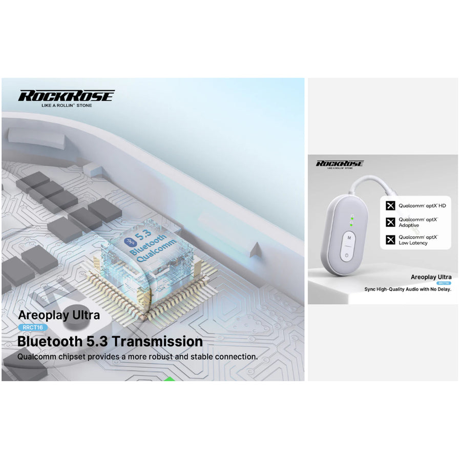 RockRose Aeroplay Ultra Bluetooth Audio Transmitter/ Receiver Dual Pairs with Two Bluetooth Devices - Qualcomm Chipset - Supporting APTX - USB-C Charging