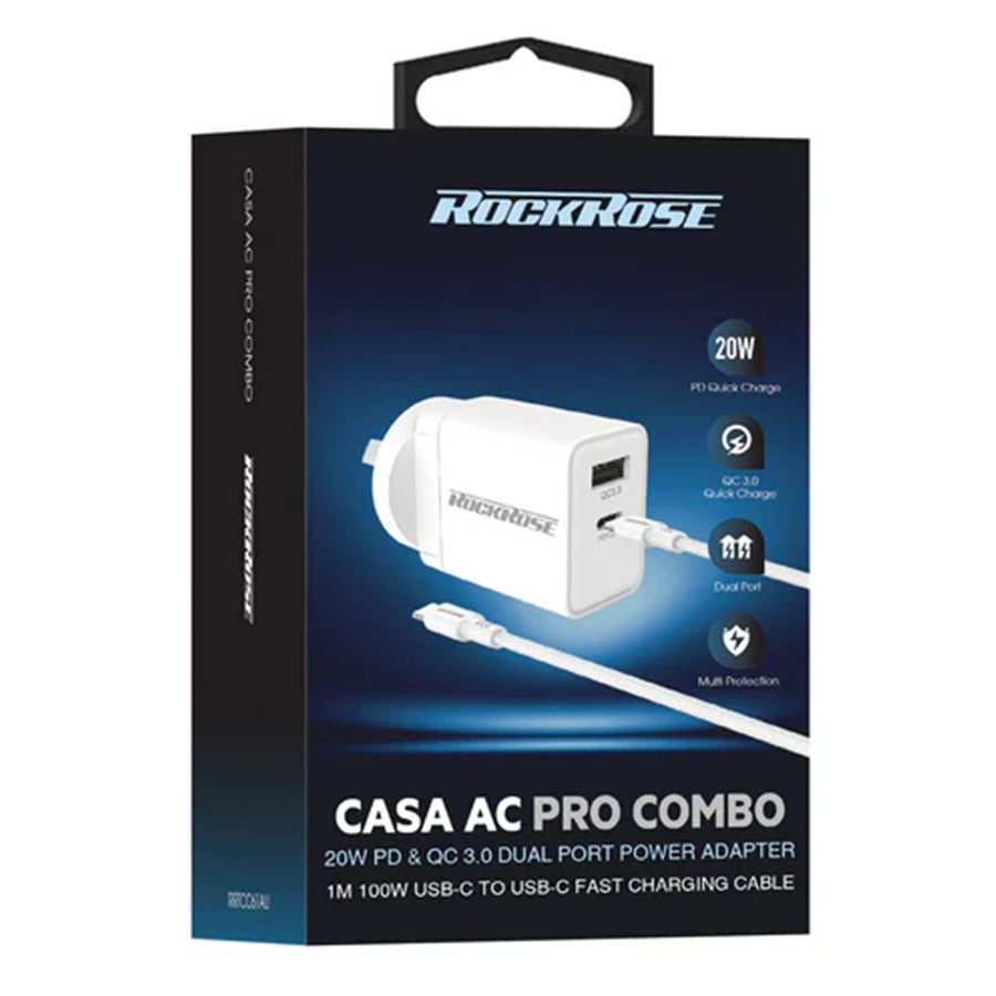 RockRose Casa AC Pro Combo 20W USB-C AC Wall Charger -  With 1M 100W USB-C Charging Cable